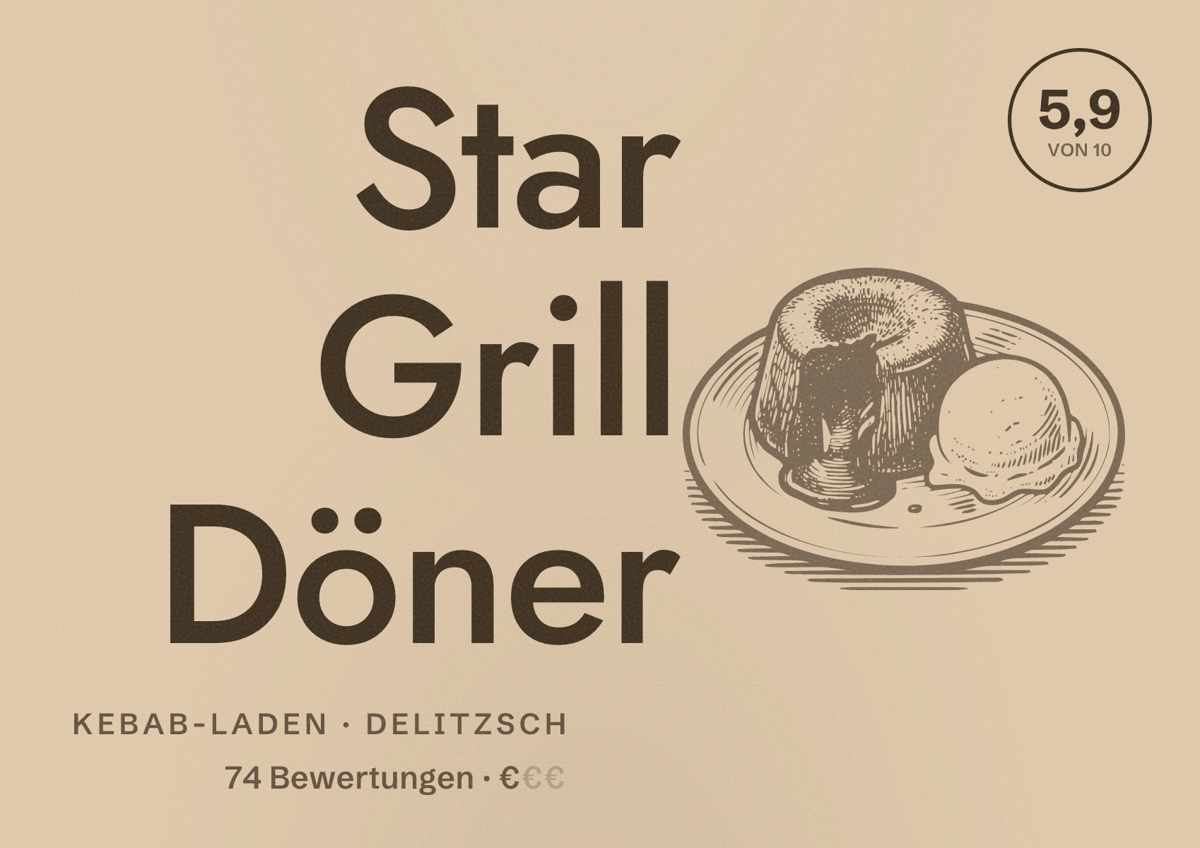 Illustriertes Poster von Star Grill Döner, Kebab-Laden in Delitzsch: Bewertung 5,9 von 10 aus 74 Bewertungen, Preisniveau €