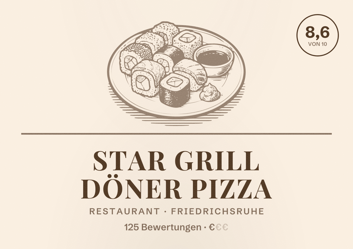 Illustriertes Poster von Star grill döner pizza, Restaurant in Friedrichsruhe: Bewertung 8,6 von 10 aus 125 Bewertungen, Preisniveau €