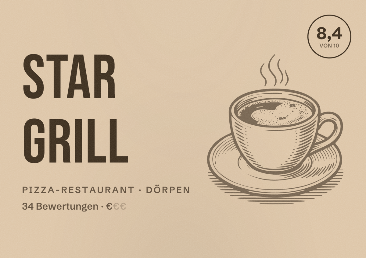 Illustriertes Poster von Star Grill, Pizza-Restaurant in Dörpen: Bewertung 8,4 von 10 aus 34 Bewertungen, Preisniveau €