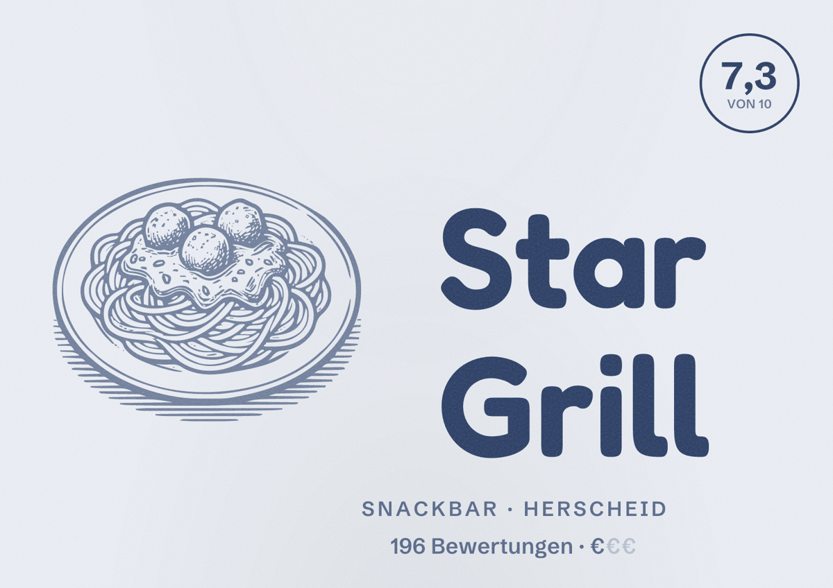 Illustriertes Poster von Star Grill, Snackbar in Herscheid: Bewertung 7,3 von 10 aus 196 Bewertungen, Preisniveau €