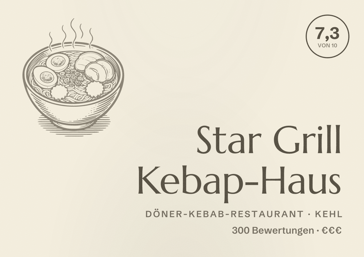 Illustriertes Poster von Star Grill Kebap-Haus, Döner-Kebab-Restaurant in Kehl: Bewertung 7,3 von 10 aus 300 Bewertungen, Preisniveau €€€