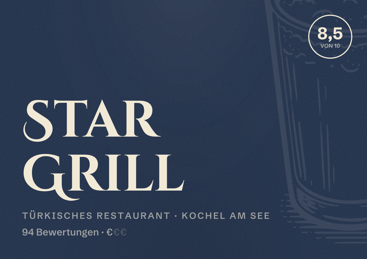 Illustriertes Poster von Star Grill, Türkisches Restaurant in Kochel am See: Bewertung 8,5 von 10 aus 94 Bewertungen, Preisniveau €