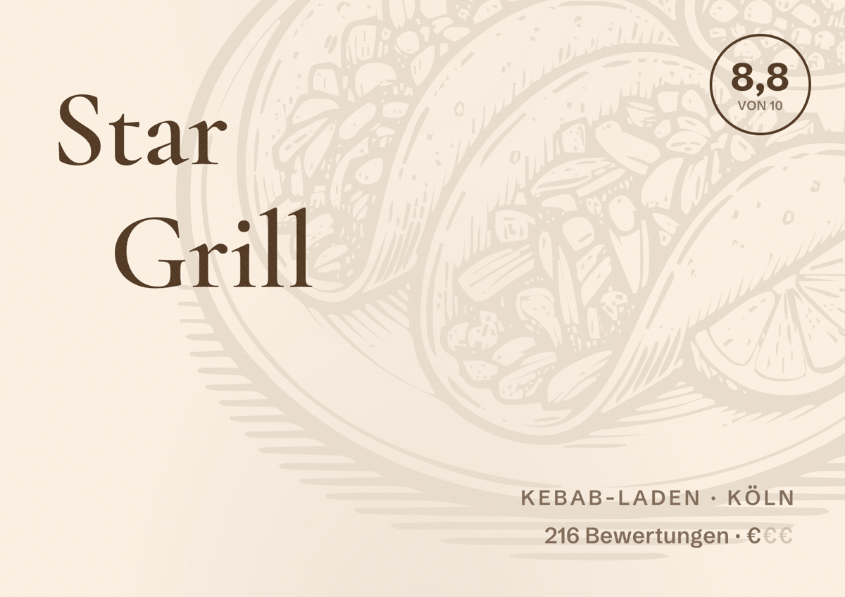 Illustriertes Poster von Star Grill, Kebab-Laden in Köln: Bewertung 8,8 von 10 aus 216 Bewertungen, Preisniveau €