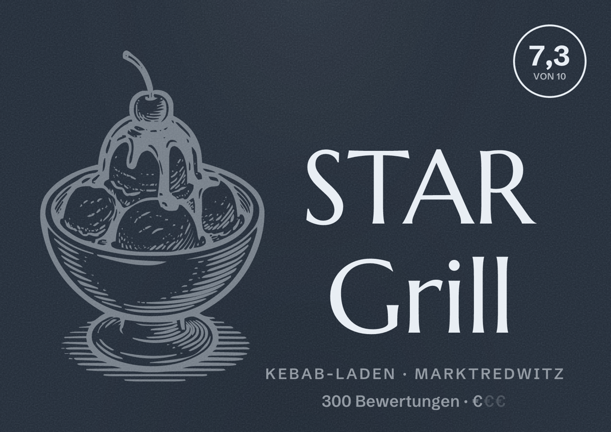 Illustriertes Poster von STAR Grill, Kebab-Laden in Marktredwitz: Bewertung 7,3 von 10 aus 300 Bewertungen, Preisniveau €