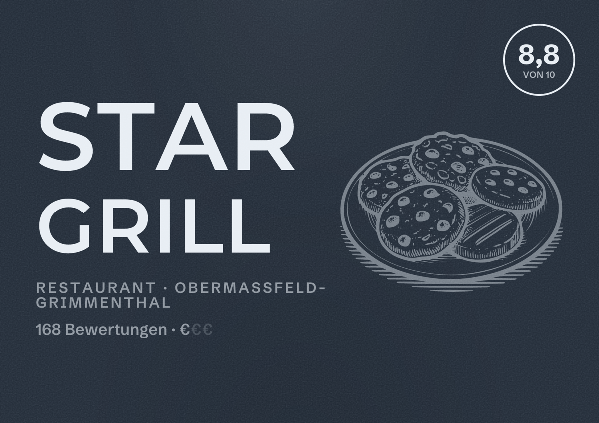 Illustriertes Poster von STAR GRILL, Restaurant in Obermaßfeld-Grimmenthal: Bewertung 8,8 von 10 aus 168 Bewertungen, Preisniveau €