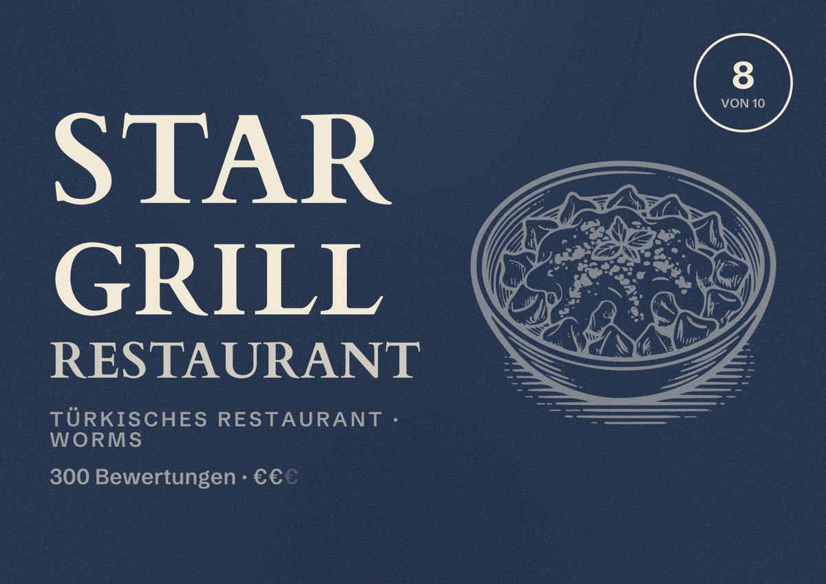 Illustriertes Poster von Star Grill Restaurant, Türkisches Restaurant in Worms: Bewertung 8 von 10 aus 300 Bewertungen, Preisniveau €€