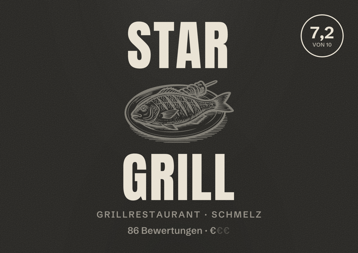 Illustriertes Poster von Star Grill, Grillrestaurant in Schmelz: Bewertung 7,2 von 10 aus 86 Bewertungen, Preisniveau €