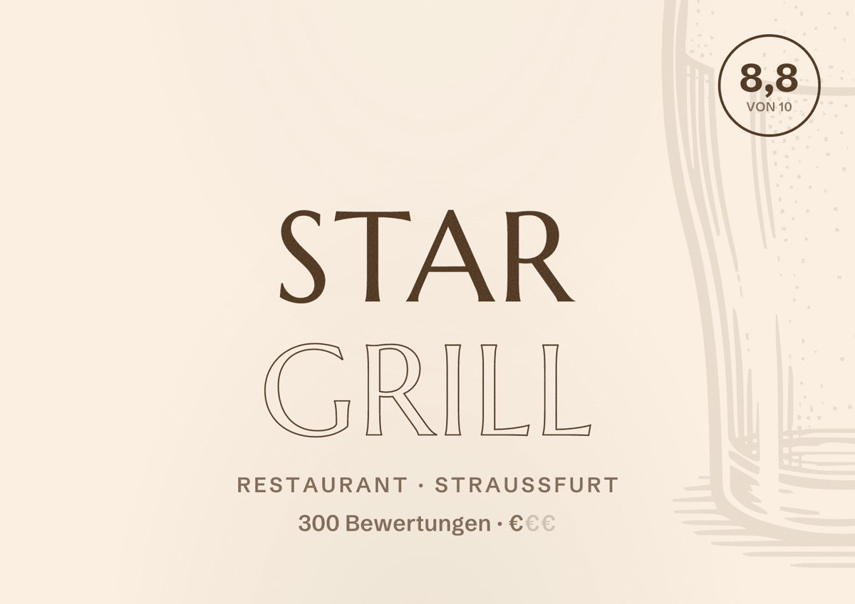 Illustriertes Poster von Star Grill, Restaurant in Straußfurt: Bewertung 8,8 von 10 aus 300 Bewertungen, Preisniveau €