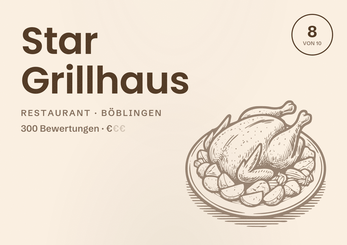 Illustriertes Poster von Star Grillhaus, Restaurant in Böblingen: Bewertung 8 von 10 aus 300 Bewertungen, Preisniveau €