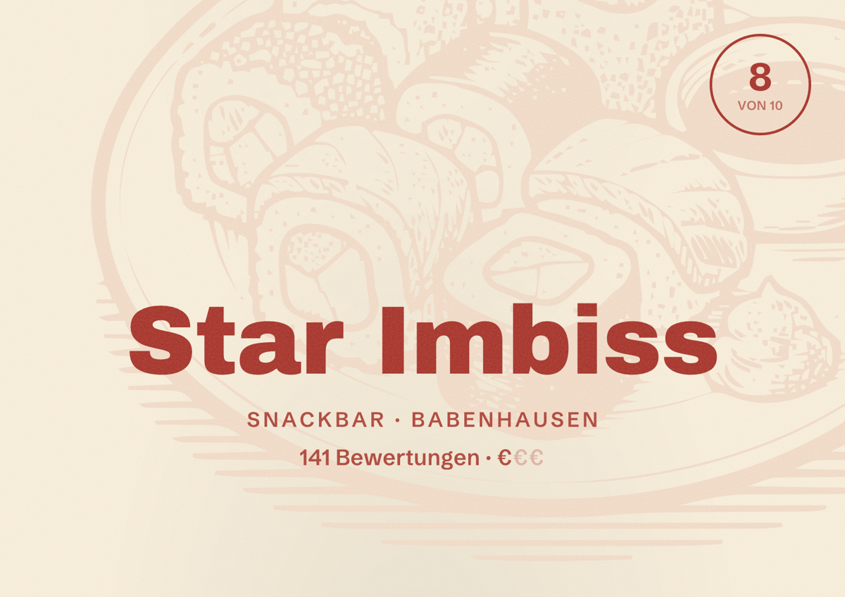 Illustriertes Poster von Star Imbiss, Snackbar in Babenhausen: Bewertung 8 von 10 aus 141 Bewertungen, Preisniveau €