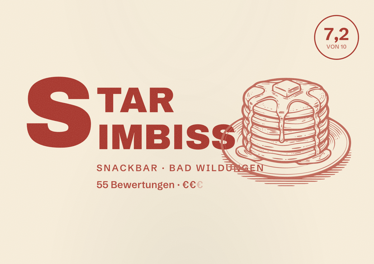 Illustriertes Poster von STAR IMBISS, Snackbar in Bad Wildungen: Bewertung 7,2 von 10 aus 55 Bewertungen, Preisniveau €€