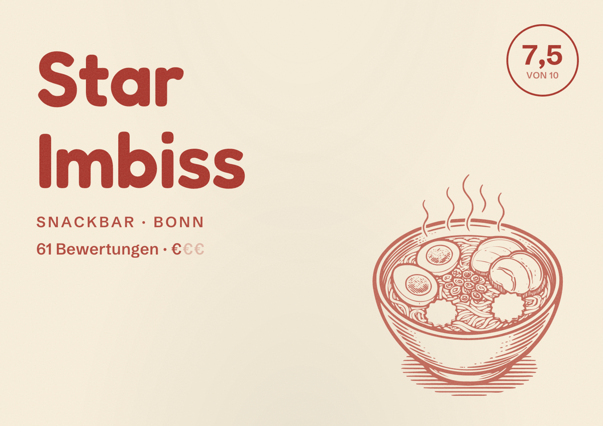 Illustriertes Poster von Star Imbiss, Snackbar in Bonn: Bewertung 7,5 von 10 aus 61 Bewertungen, Preisniveau €
