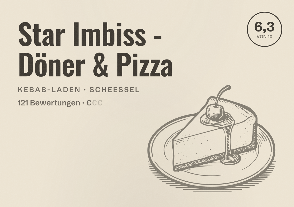 Illustriertes Poster von Star Imbiss - Döner & Pizza, Kebab-Laden in Scheeßel: Bewertung 6,3 von 10 aus 121 Bewertungen, Preisniveau €