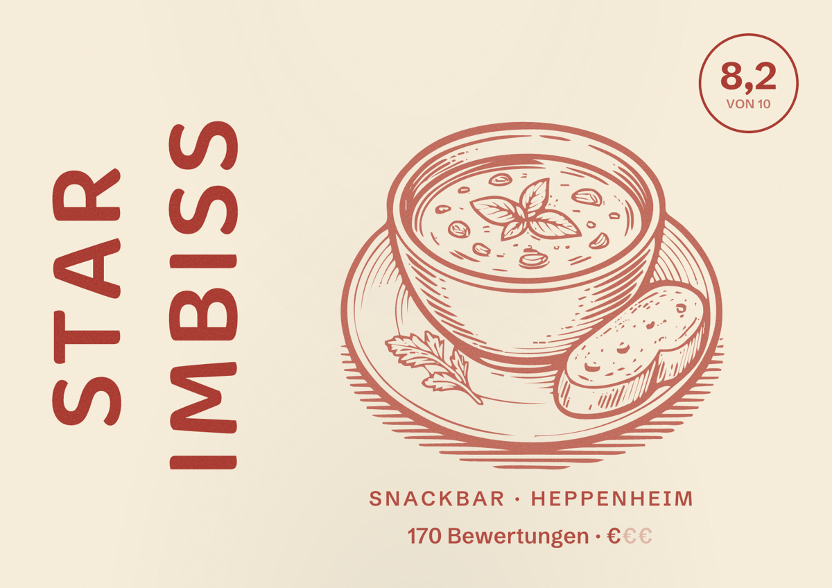 Illustriertes Poster von Star Imbiss, Snackbar in Heppenheim: Bewertung 8,2 von 10 aus 170 Bewertungen, Preisniveau €