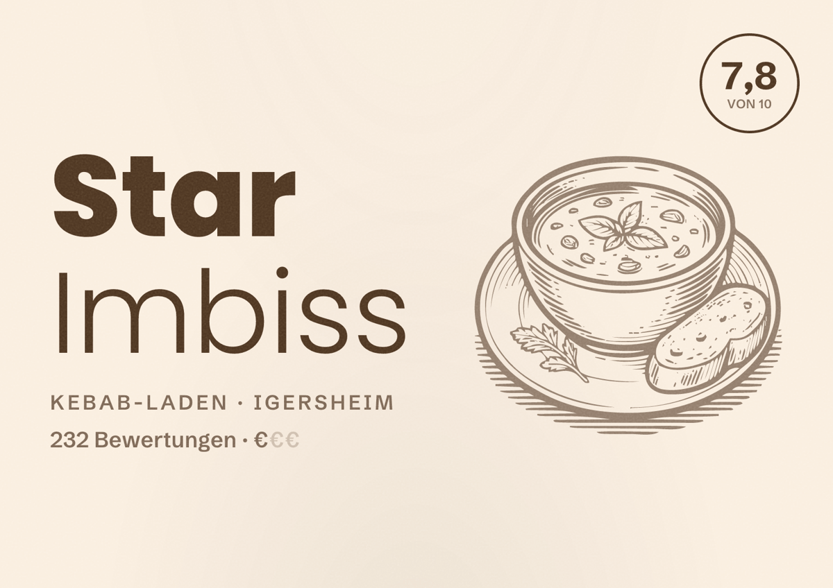 Illustriertes Poster von Star Imbiss, Kebab-Laden in Igersheim: Bewertung 7,8 von 10 aus 232 Bewertungen, Preisniveau €