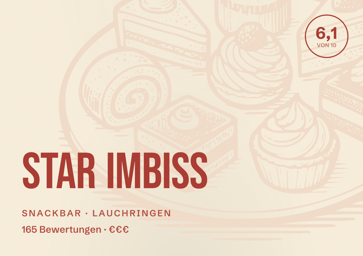 Illustriertes Poster von Star Imbiss, Snackbar in Lauchringen: Bewertung 6,1 von 10 aus 165 Bewertungen, Preisniveau €€€