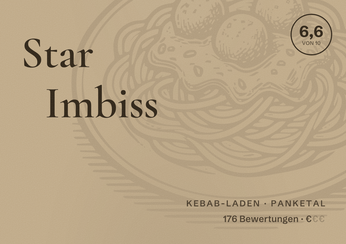 Illustriertes Poster von Star Imbiss, Kebab-Laden in Panketal: Bewertung 6,6 von 10 aus 176 Bewertungen, Preisniveau €