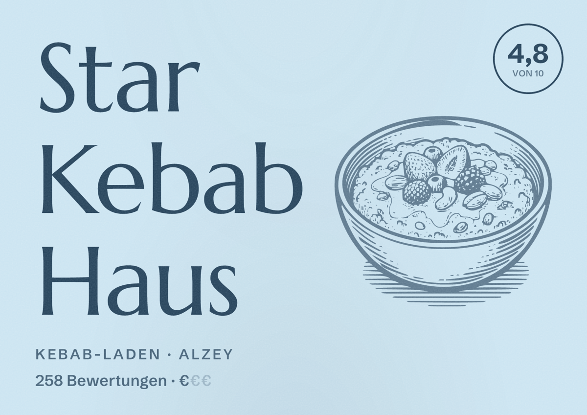 Illustriertes Poster von Star Kebab Haus, Kebab-Laden in Alzey: Bewertung 4,8 von 10 aus 258 Bewertungen, Preisniveau €