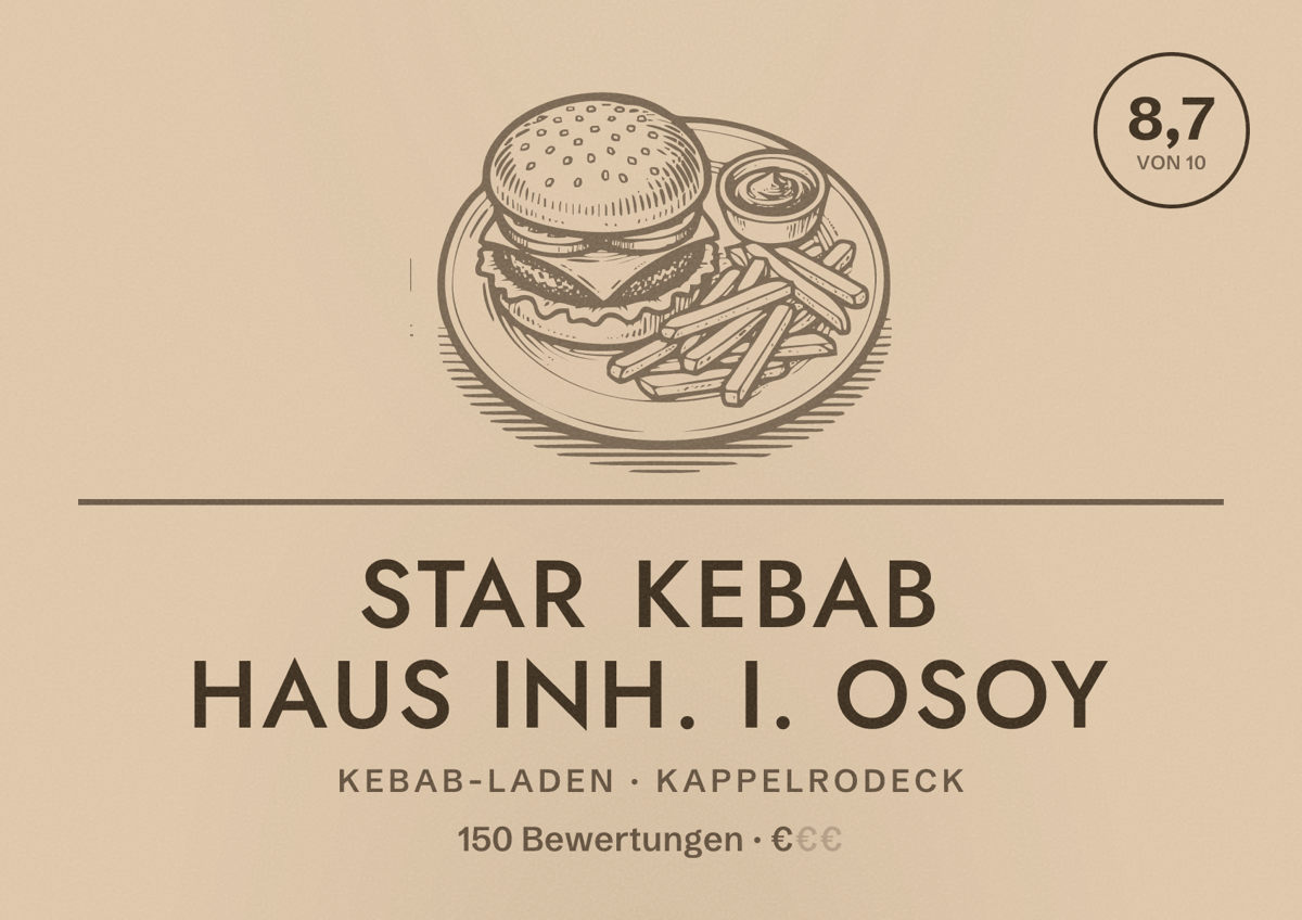 Illustriertes Poster von Star Kebab Haus Inh. I. Osoy, Kebab-Laden in Kappelrodeck: Bewertung 8,7 von 10 aus 150 Bewertungen, Preisniveau €