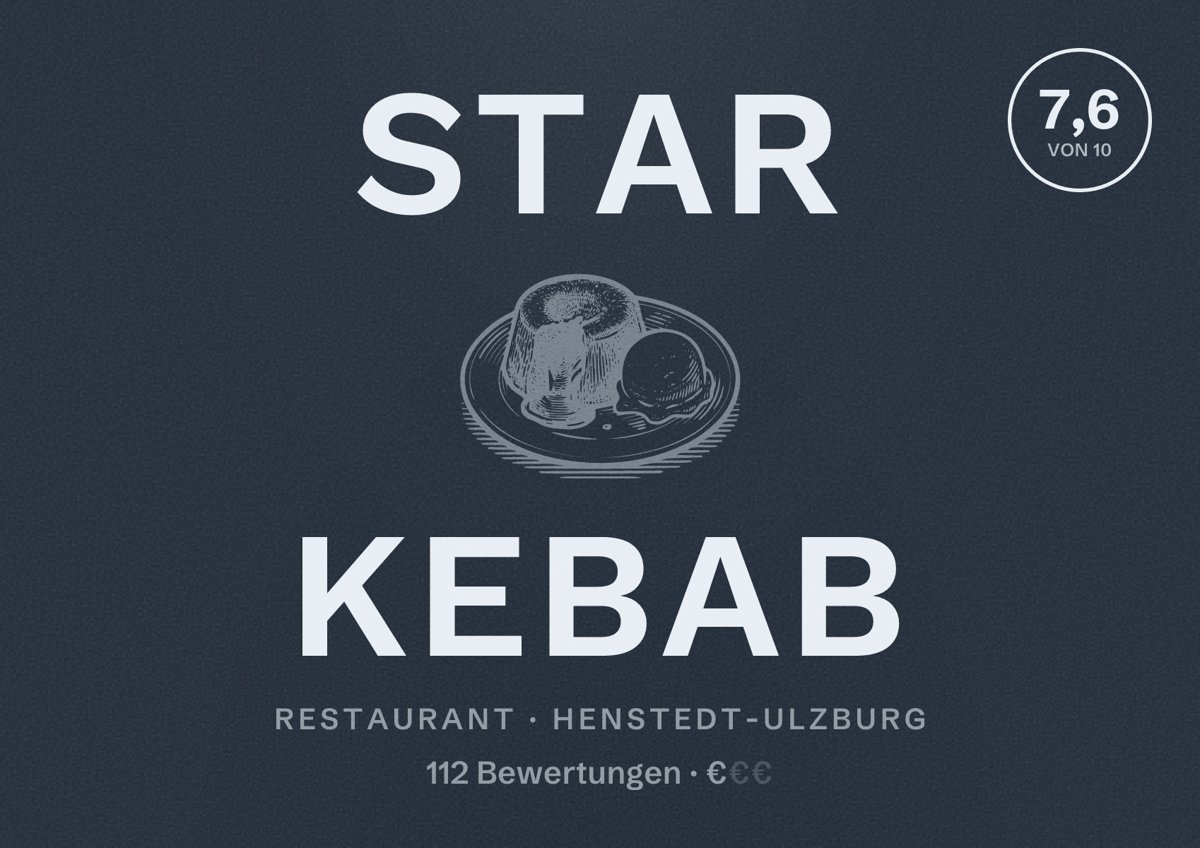Illustriertes Poster von Star Kebab, Restaurant in Henstedt-Ulzburg: Bewertung 7,6 von 10 aus 112 Bewertungen, Preisniveau €