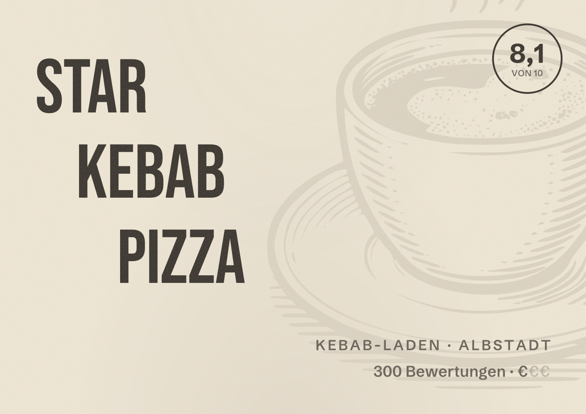 Illustriertes Poster von Star Kebab Pizza, Kebab-Laden in Albstadt: Bewertung 8,1 von 10 aus 300 Bewertungen, Preisniveau €