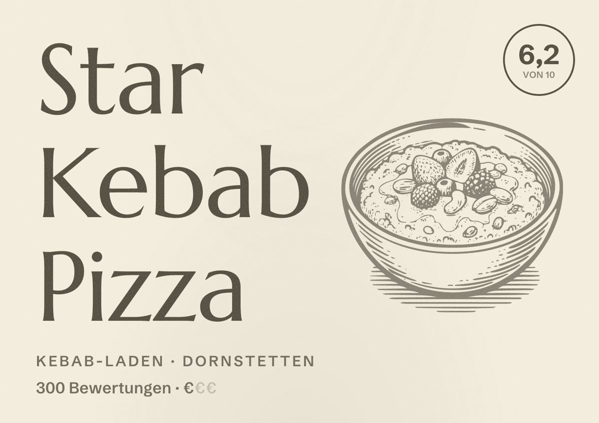 Illustriertes Poster von Star Kebab Pizza, Kebab-Laden in Dornstetten: Bewertung 6,2 von 10 aus 300 Bewertungen, Preisniveau €