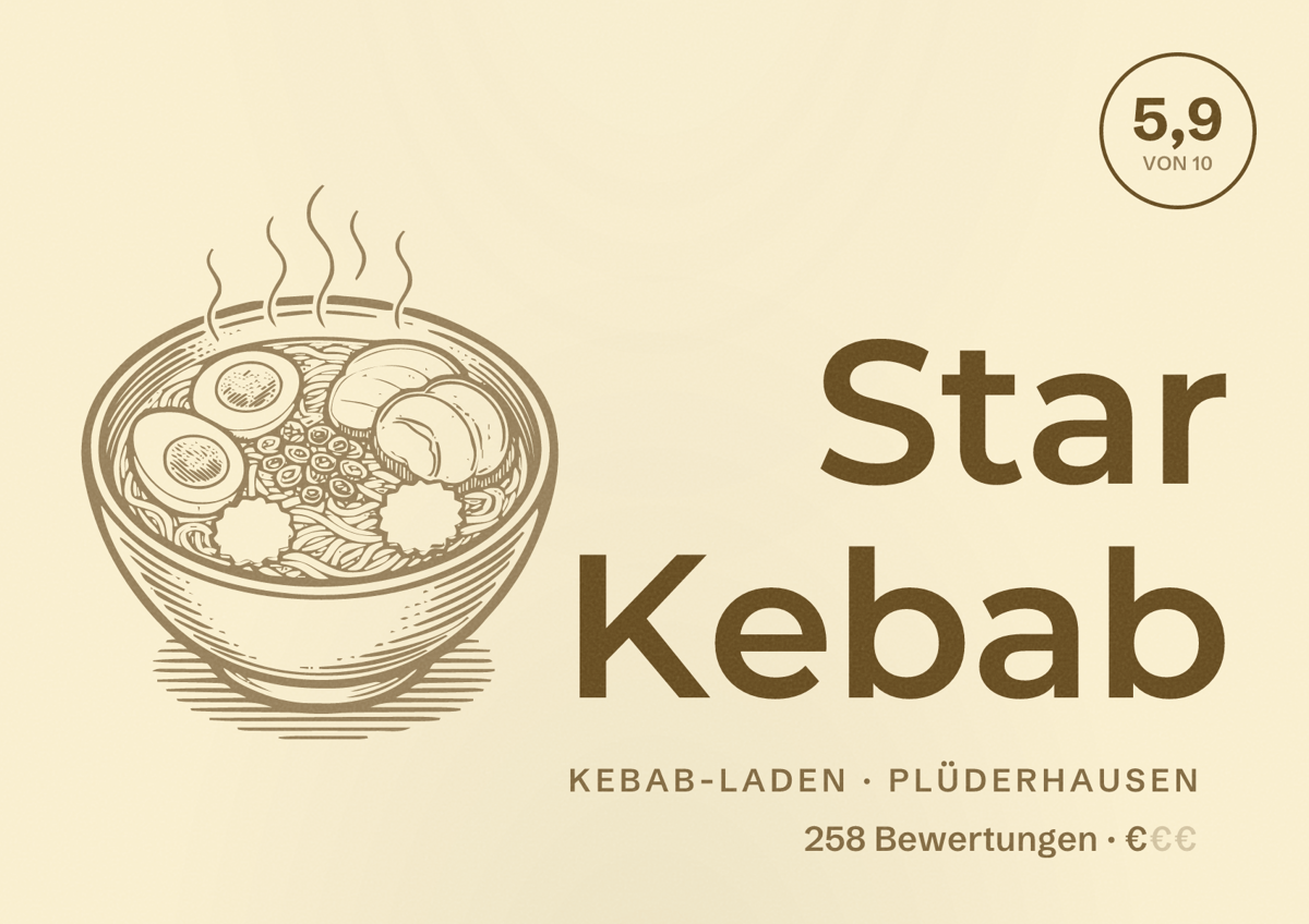 Illustriertes Poster von Star Kebab, Kebab-Laden in Plüderhausen: Bewertung 5,9 von 10 aus 258 Bewertungen, Preisniveau €