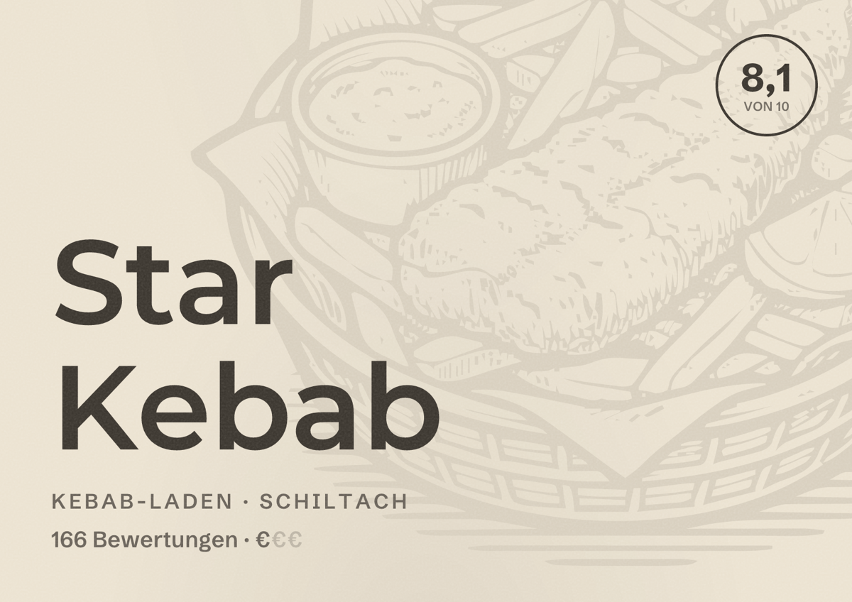 Illustriertes Poster von Star Kebab, Kebab-Laden in Schiltach: Bewertung 8,1 von 10 aus 166 Bewertungen, Preisniveau €