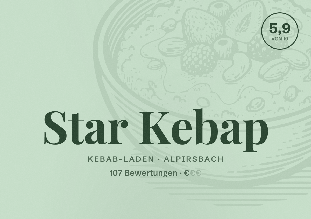 Illustriertes Poster von Star Kebap, Kebab-Laden in Alpirsbach: Bewertung 5,9 von 10 aus 107 Bewertungen, Preisniveau €