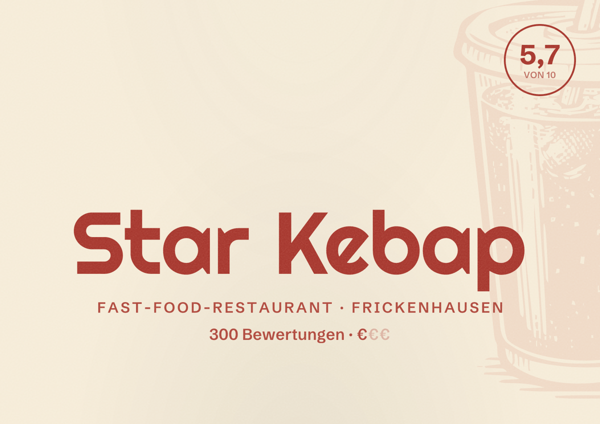 Illustriertes Poster von Star Kebap, Fast-Food-Restaurant in Frickenhausen: Bewertung 5,7 von 10 aus 300 Bewertungen, Preisniveau €