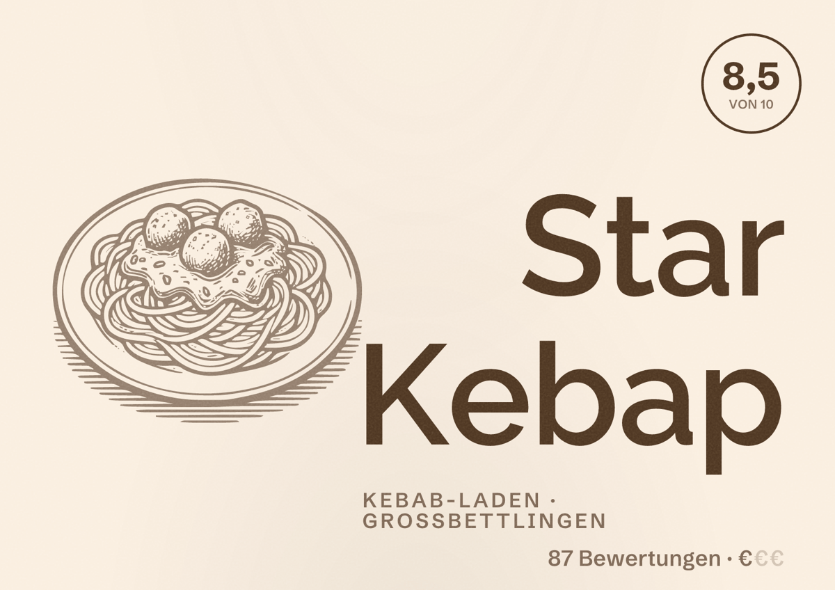 Illustriertes Poster von Star Kebap, Kebab-Laden in Großbettlingen: Bewertung 8,5 von 10 aus 87 Bewertungen, Preisniveau €