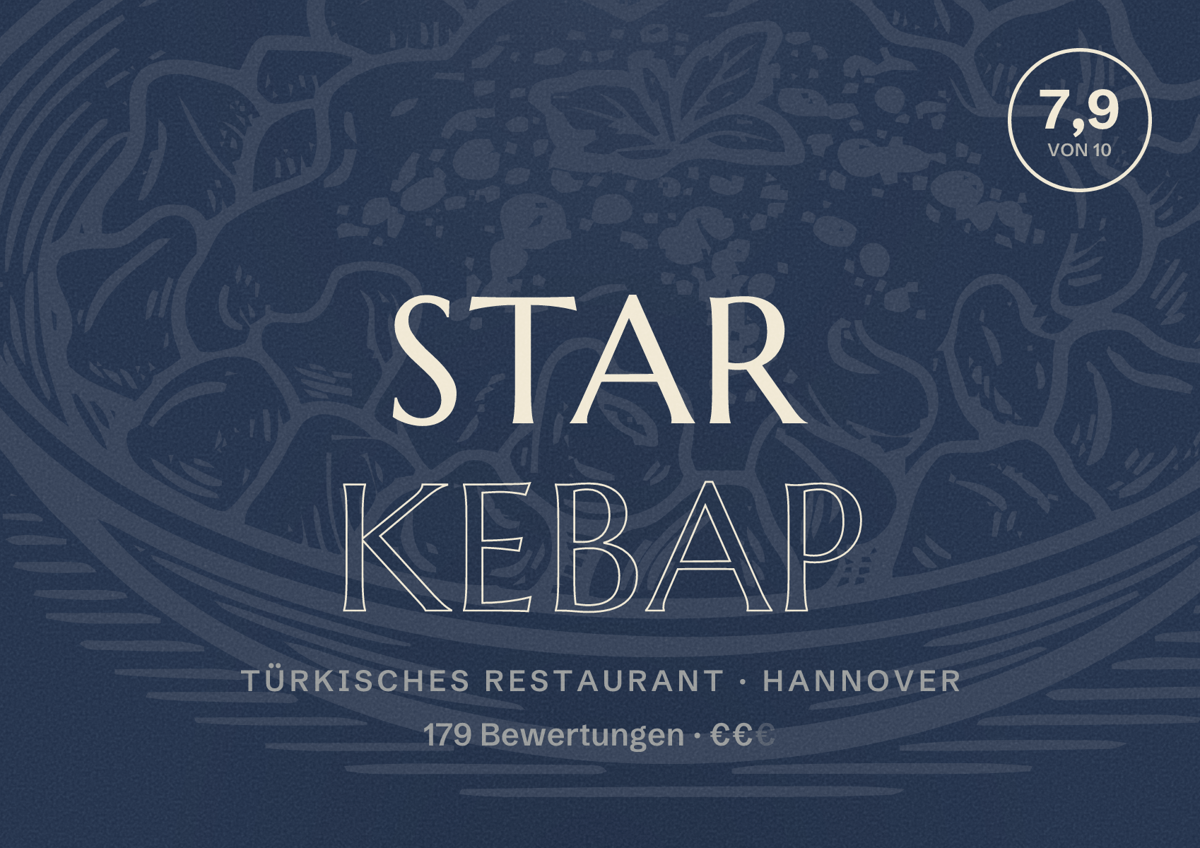 Illustriertes Poster von Star Kebap, Türkisches Restaurant in Hannover: Bewertung 7,9 von 10 aus 179 Bewertungen, Preisniveau €€