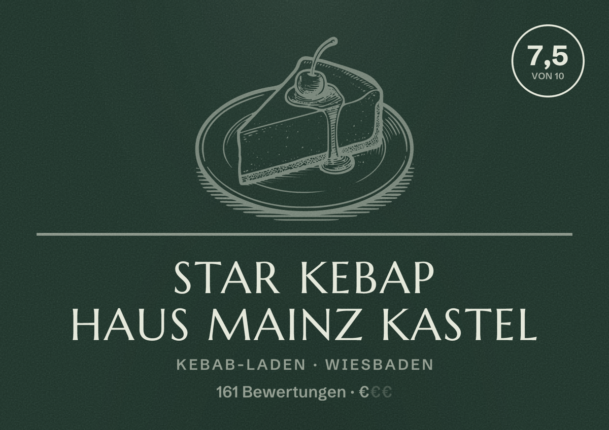 Illustriertes Poster von Star Kebap Haus Mainz Kastel, Kebab-Laden in Wiesbaden: Bewertung 7,5 von 10 aus 161 Bewertungen, Preisniveau €