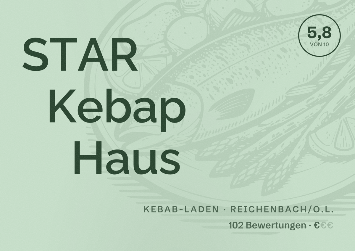 Illustriertes Poster von STAR Kebap Haus, Kebab-Laden in Reichenbach/O.L.: Bewertung 5,8 von 10 aus 102 Bewertungen, Preisniveau €