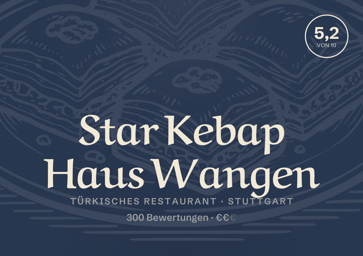 Illustriertes Poster von Star Kebap Haus Wangen, Türkisches Restaurant in Stuttgart: Bewertung 5,2 von 10 aus 300 Bewertungen, Preisniveau €€