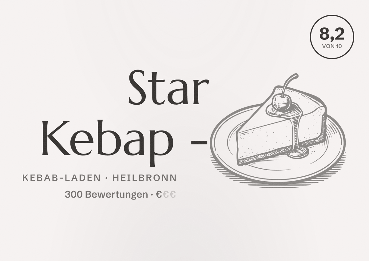 Illustriertes Poster von Star Kebap -, Kebab-Laden in Heilbronn: Bewertung 8,2 von 10 aus 300 Bewertungen, Preisniveau €