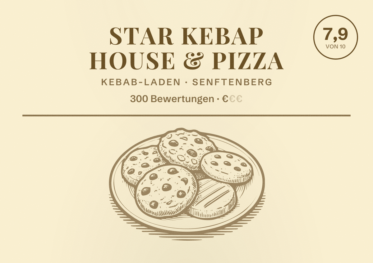 Illustriertes Poster von Star Kebap House & Pizza, Kebab-Laden in Senftenberg: Bewertung 7,9 von 10 aus 300 Bewertungen, Preisniveau €