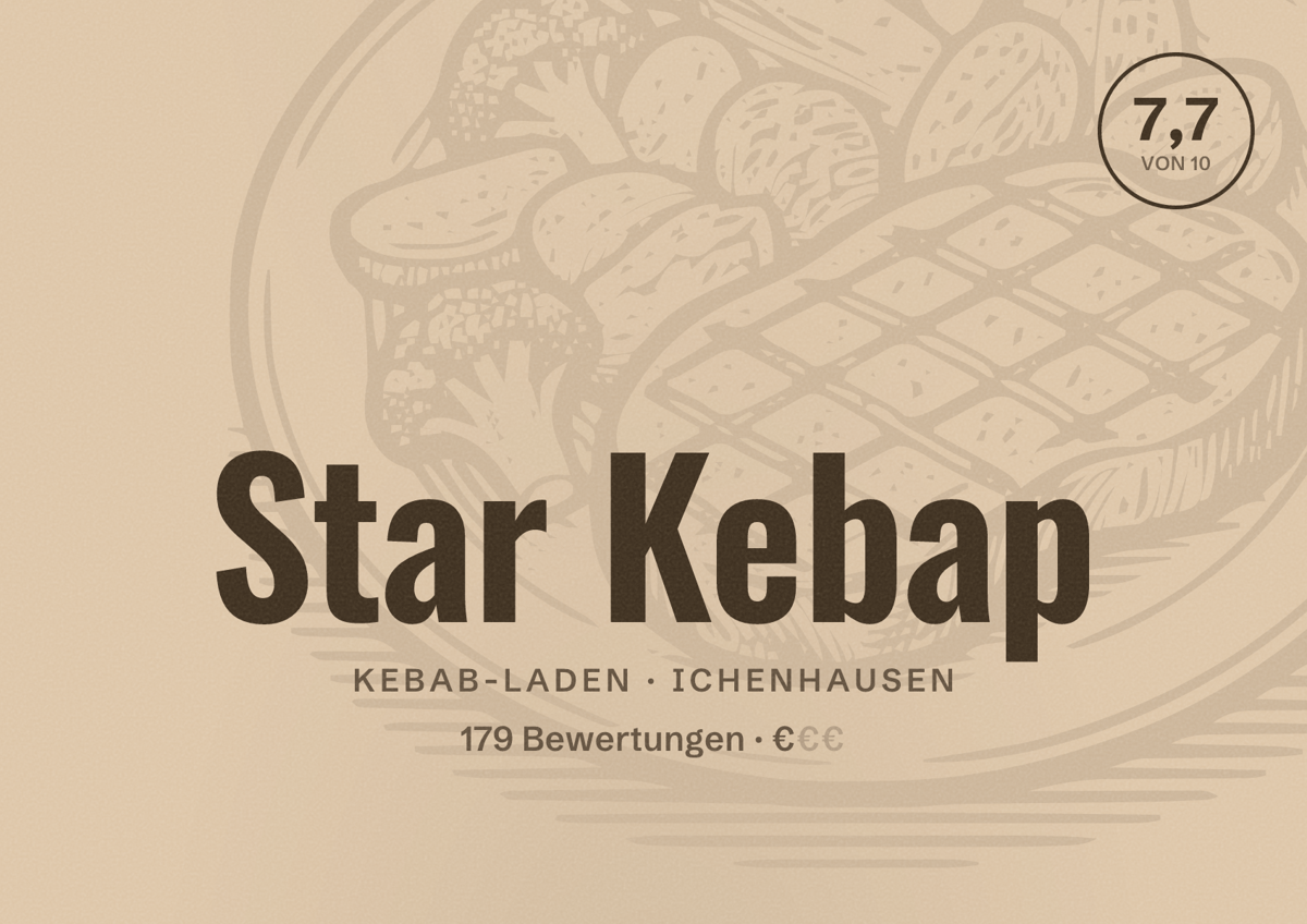 Illustriertes Poster von Star Kebap, Kebab-Laden in Ichenhausen: Bewertung 7,7 von 10 aus 179 Bewertungen, Preisniveau €