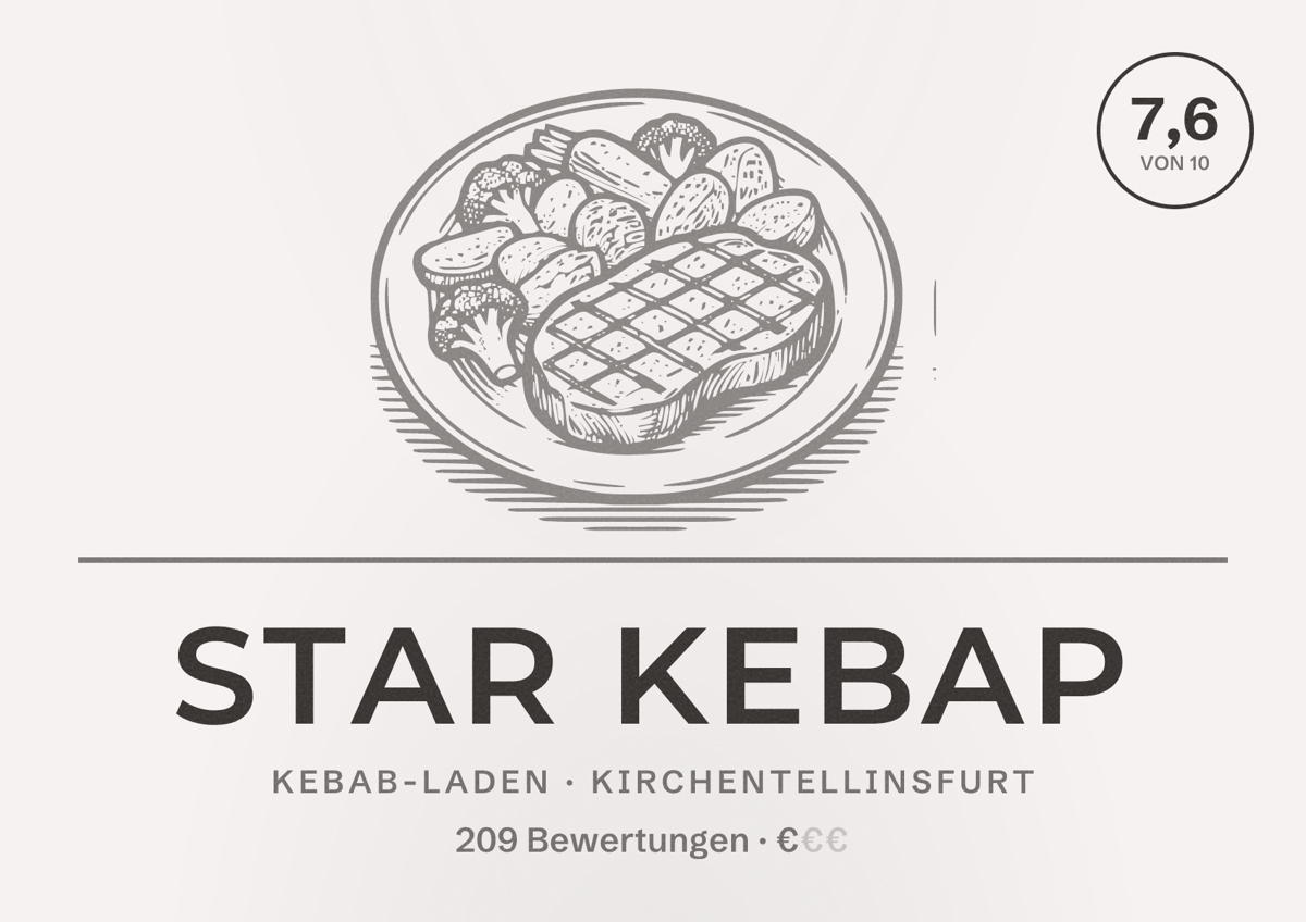 Illustriertes Poster von Star Kebap, Kebab-Laden in Kirchentellinsfurt: Bewertung 7,6 von 10 aus 209 Bewertungen, Preisniveau €