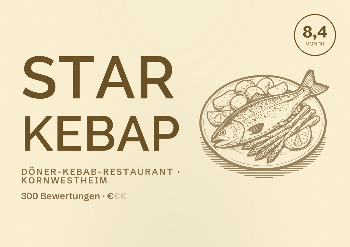 Illustriertes Poster von Star Kebap, Döner-Kebab-Restaurant in Kornwestheim: Bewertung 8,4 von 10 aus 300 Bewertungen, Preisniveau €