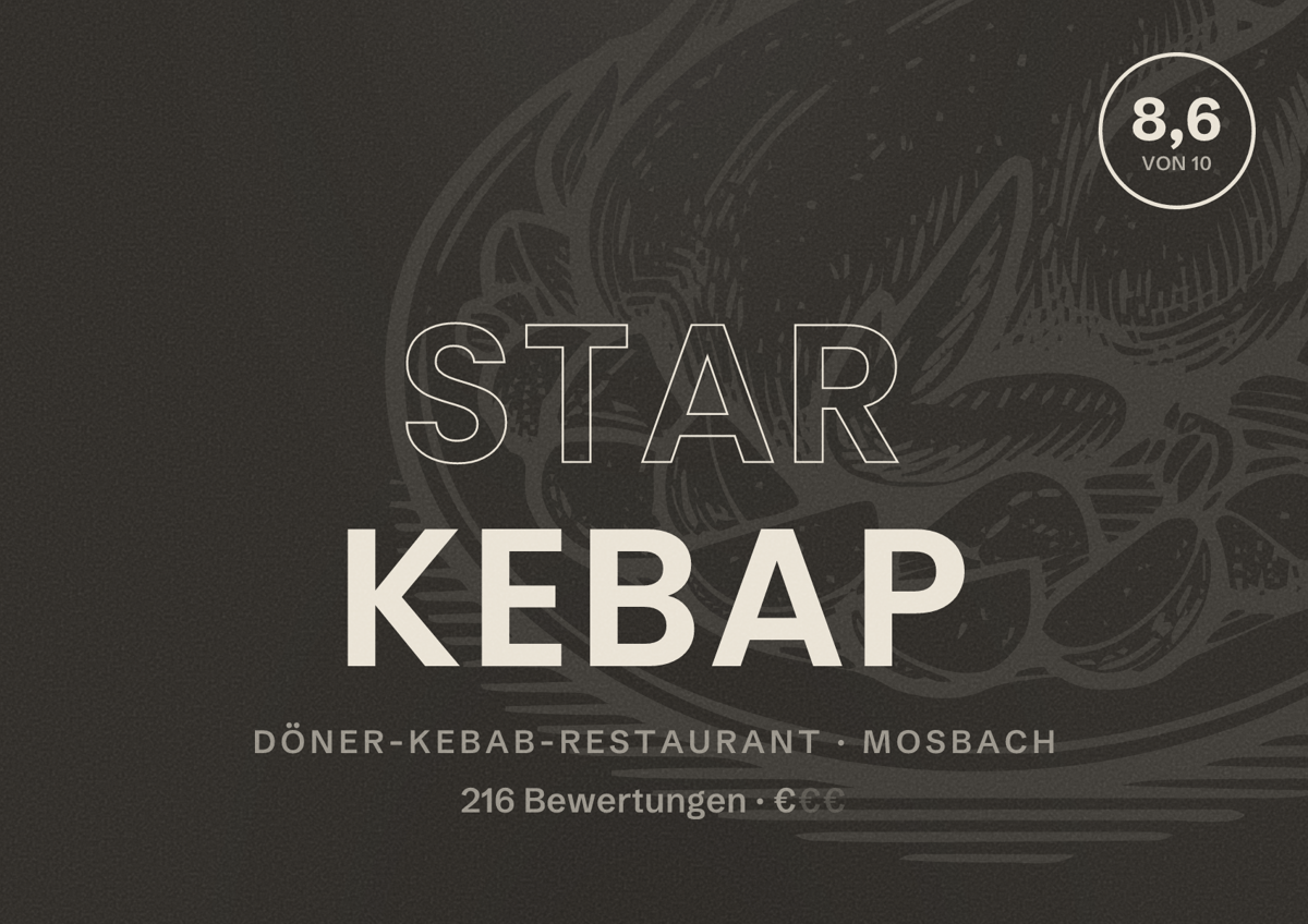 Illustriertes Poster von Star Kebap, Döner-Kebab-Restaurant in Mosbach: Bewertung 8,6 von 10 aus 216 Bewertungen, Preisniveau €
