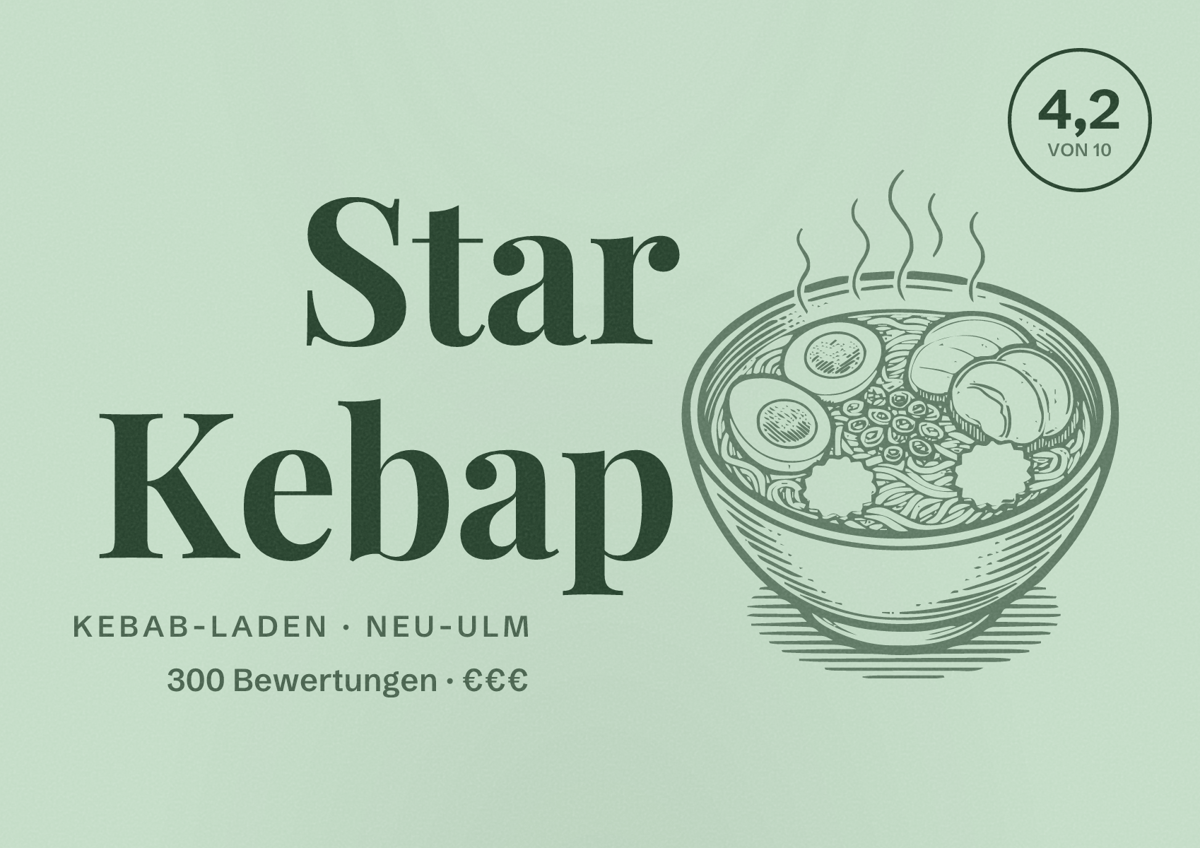 Illustriertes Poster von Star Kebap, Kebab-Laden in Neu-Ulm: Bewertung 4,2 von 10 aus 300 Bewertungen, Preisniveau €€€