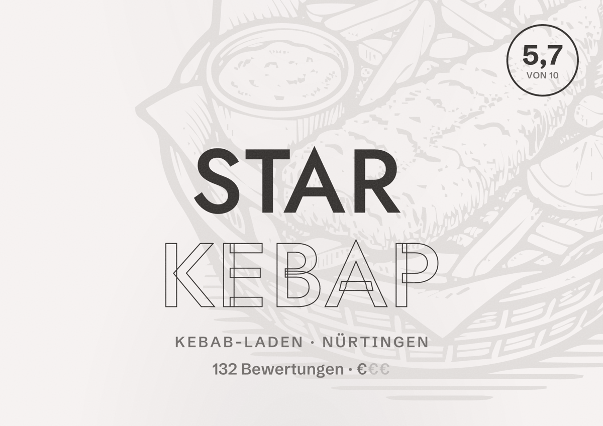 Illustriertes Poster von Star Kebap, Kebab-Laden in Nürtingen: Bewertung 5,7 von 10 aus 132 Bewertungen, Preisniveau €