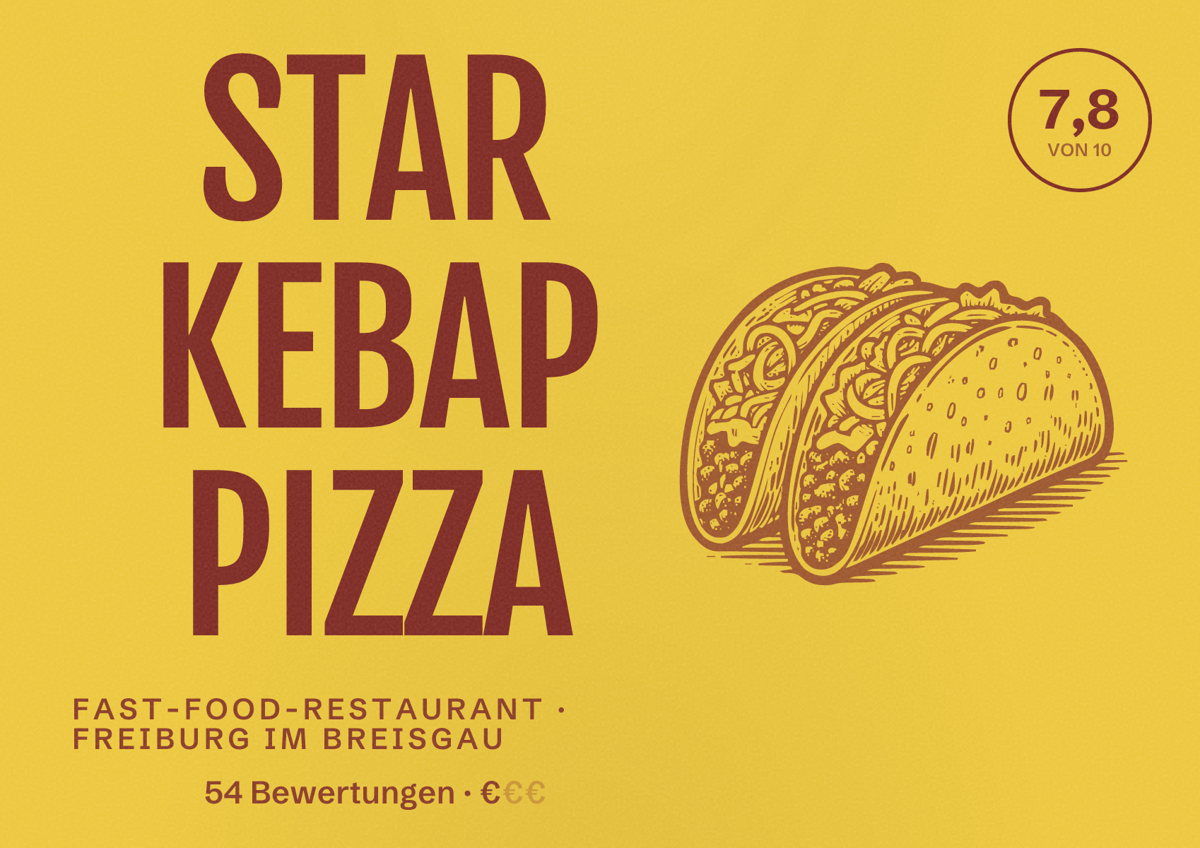 Illustriertes Poster von STAR KEBAP PIZZA, Fast-Food-Restaurant in Freiburg im Breisgau: Bewertung 7,8 von 10 aus 54 Bewertungen, Preisniveau €