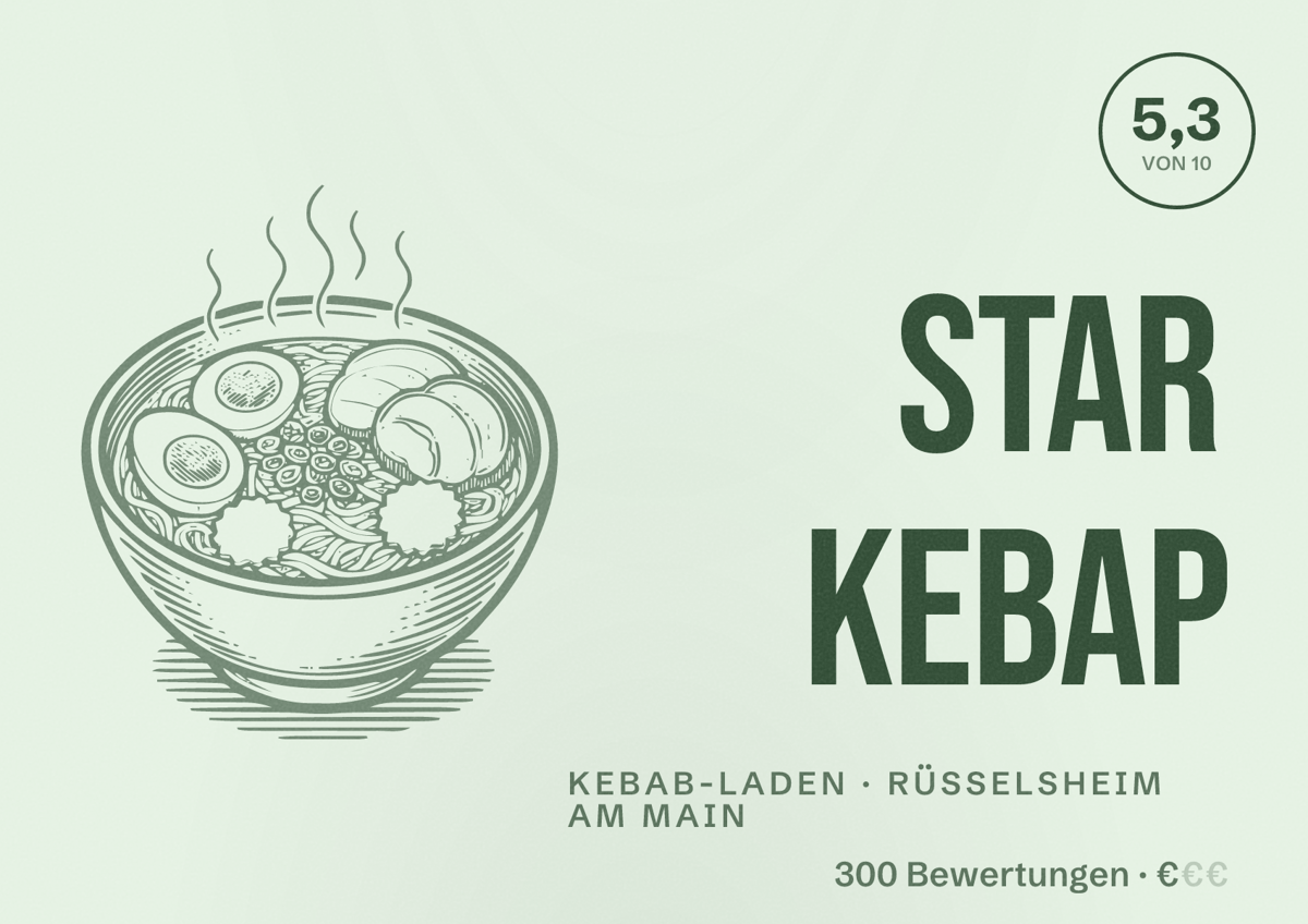 Illustriertes Poster von Star Kebap, Kebab-Laden in Rüsselsheim am Main: Bewertung 5,3 von 10 aus 300 Bewertungen, Preisniveau €