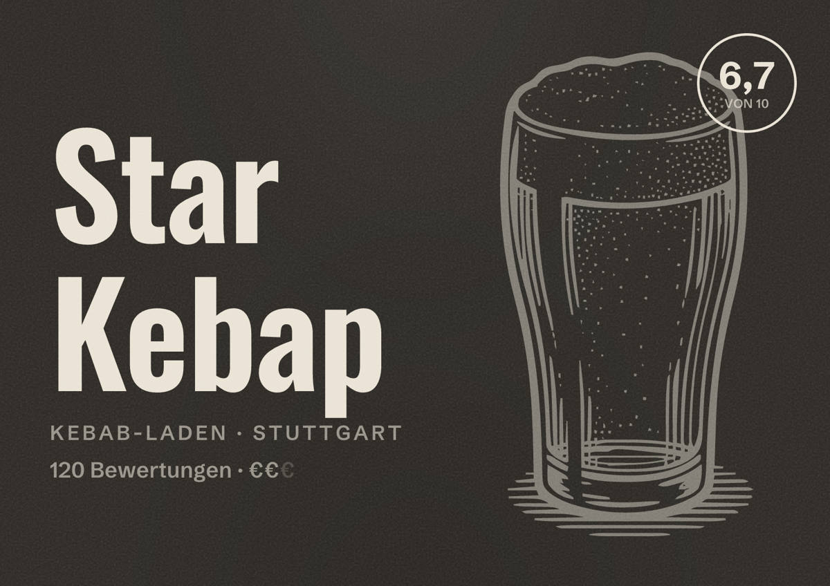 Illustriertes Poster von Star Kebap, Kebab-Laden in Stuttgart: Bewertung 6,7 von 10 aus 120 Bewertungen, Preisniveau €€