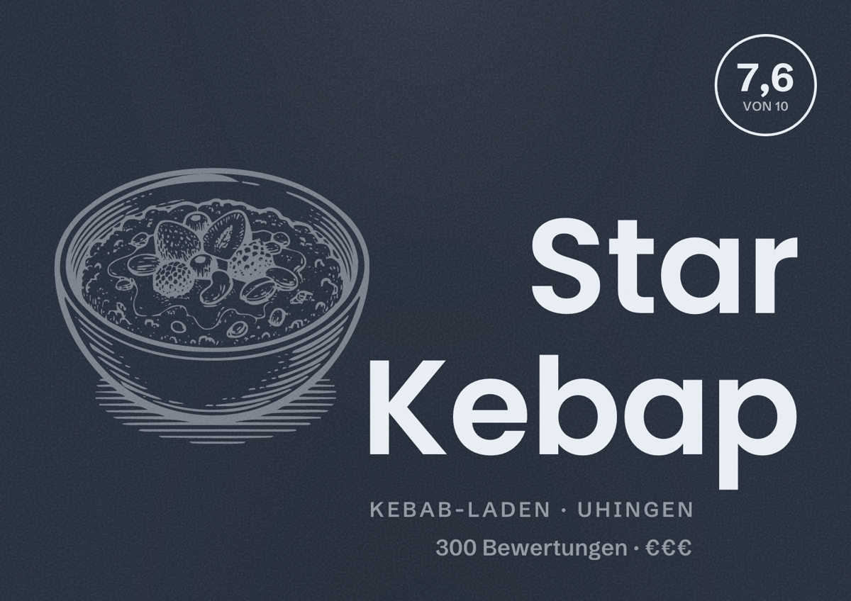 Illustriertes Poster von Star Kebap, Kebab-Laden in Uhingen: Bewertung 7,6 von 10 aus 300 Bewertungen, Preisniveau €€€