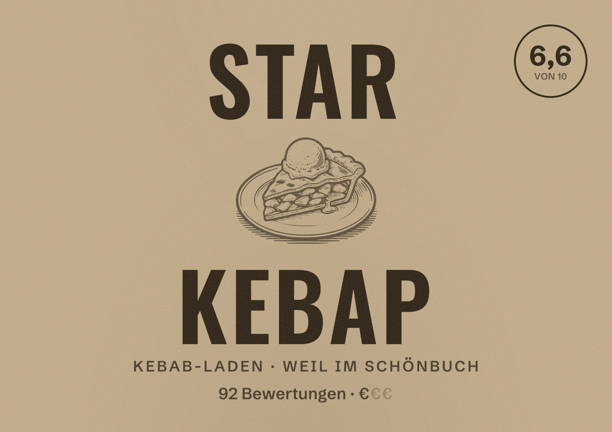 Illustriertes Poster von Star Kebap, Kebab-Laden in Weil im Schönbuch: Bewertung 6,6 von 10 aus 92 Bewertungen, Preisniveau €