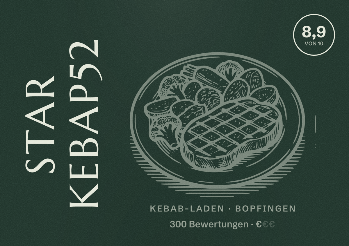 Illustriertes Poster von Star kebap52, Kebab-Laden in Bopfingen: Bewertung 8,9 von 10 aus 300 Bewertungen, Preisniveau €