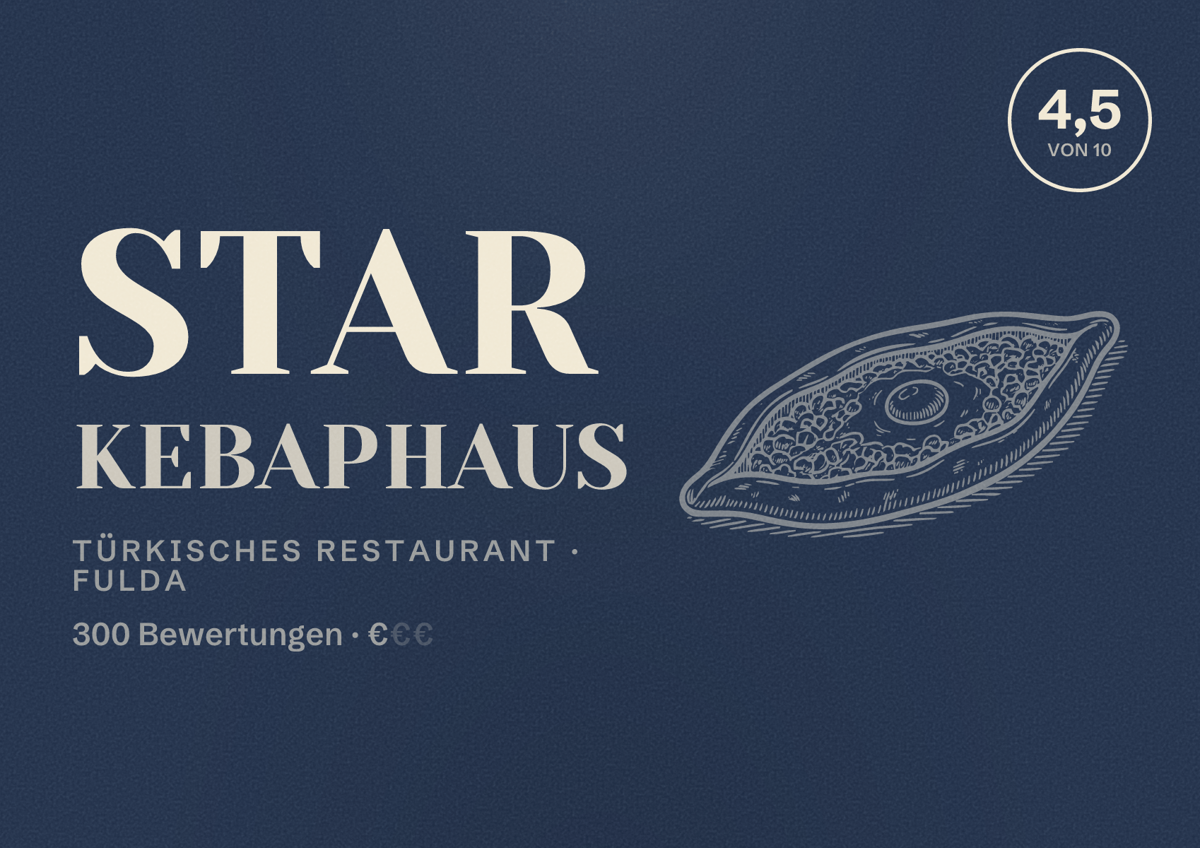 Illustriertes Poster von Star Kebaphaus, Türkisches Restaurant in Fulda: Bewertung 4,5 von 10 aus 300 Bewertungen, Preisniveau €